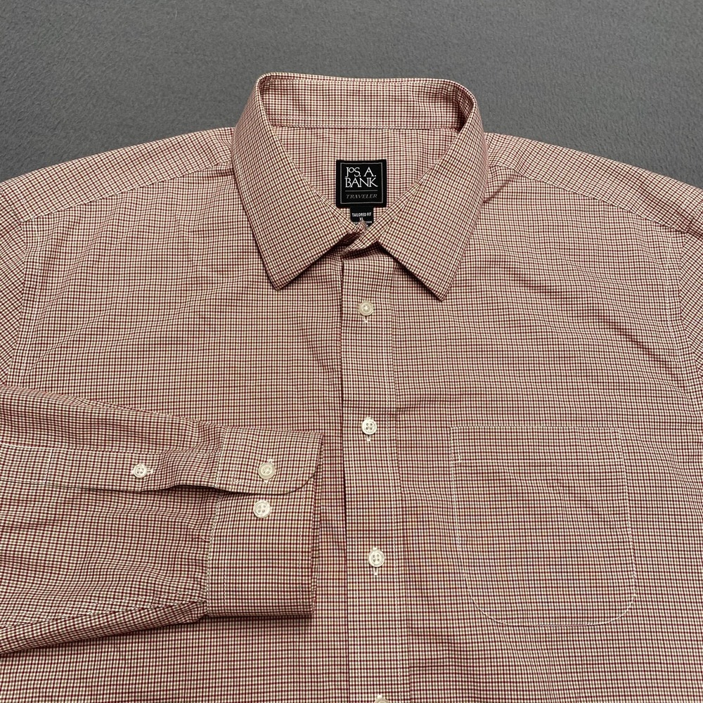 Jos A Bank Shirt Mens XL Red Check Tailored Fit Traveler Dress Long Sleeve